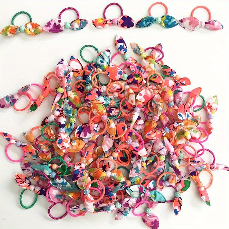 100pc Colourful Rabbit Ear Hair Bands Elastic Mixed Print Bowknot Hair Ropes