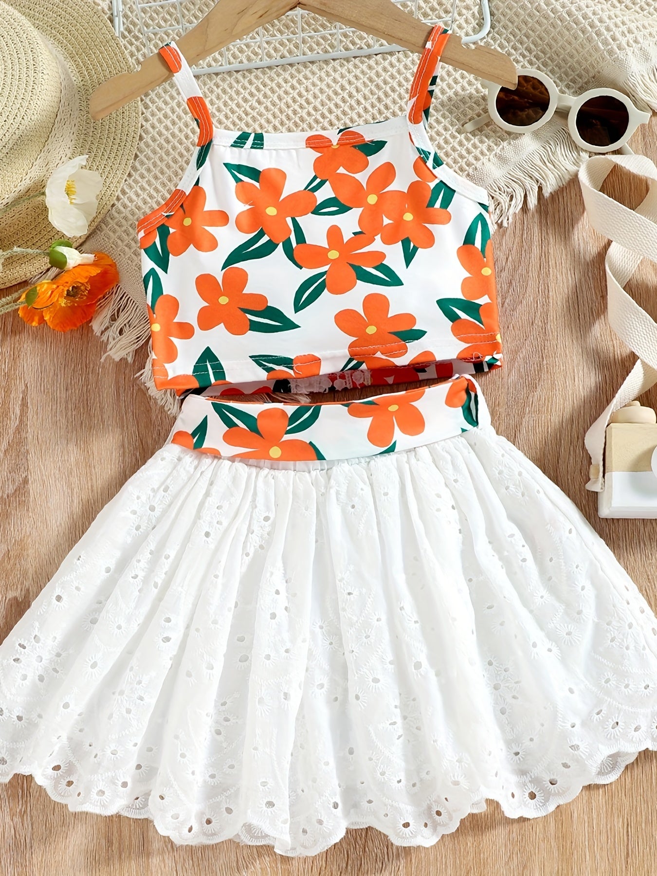 Girls Floral Tank Top & Eyelet Tutu Skirt Set