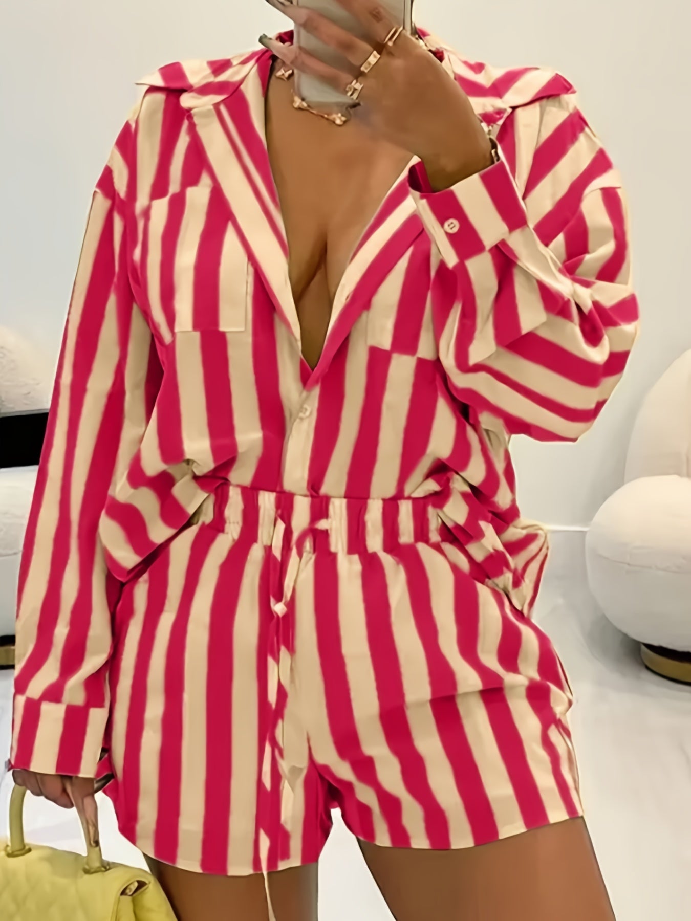  Stripe Print Shirt Top & Shorts Set
