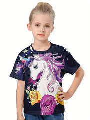Girls 3D Unicorn Short Sleeve T-shirt - Summer Clothes Gift