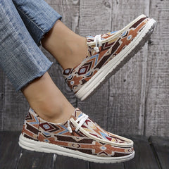 Retro Pattern Canvas Shoes Soft Sole Flat Sneakers Comfortable Lace Up Loafers