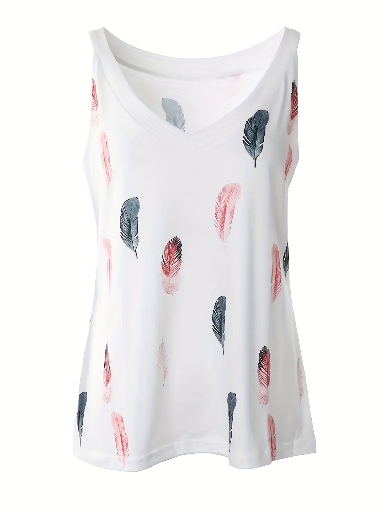 Feather Print Tank Top V Neck Sleeveless Summer Top