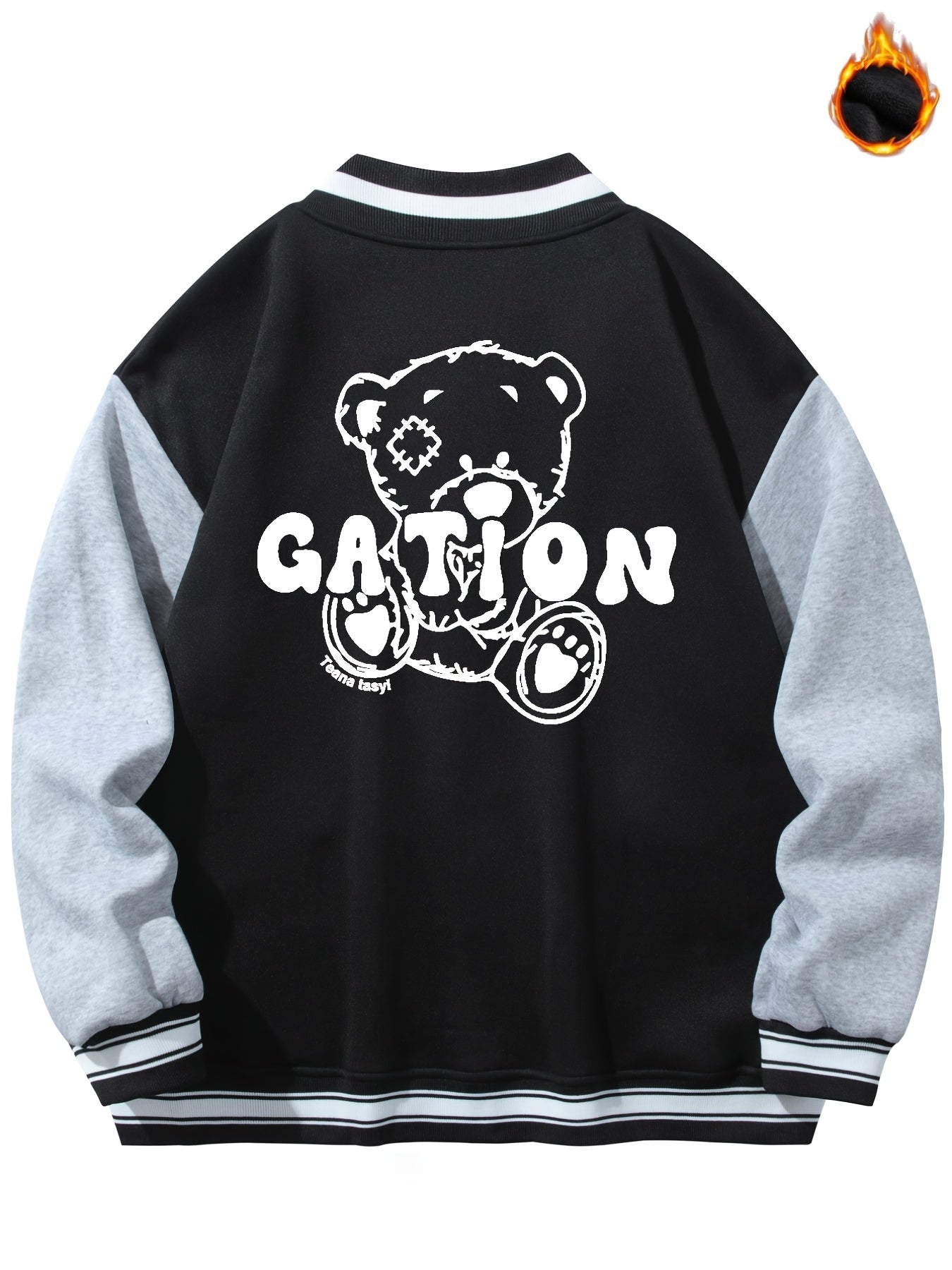 Men's Casual Warm Baseball Jacket With Back Bear Graphic Print