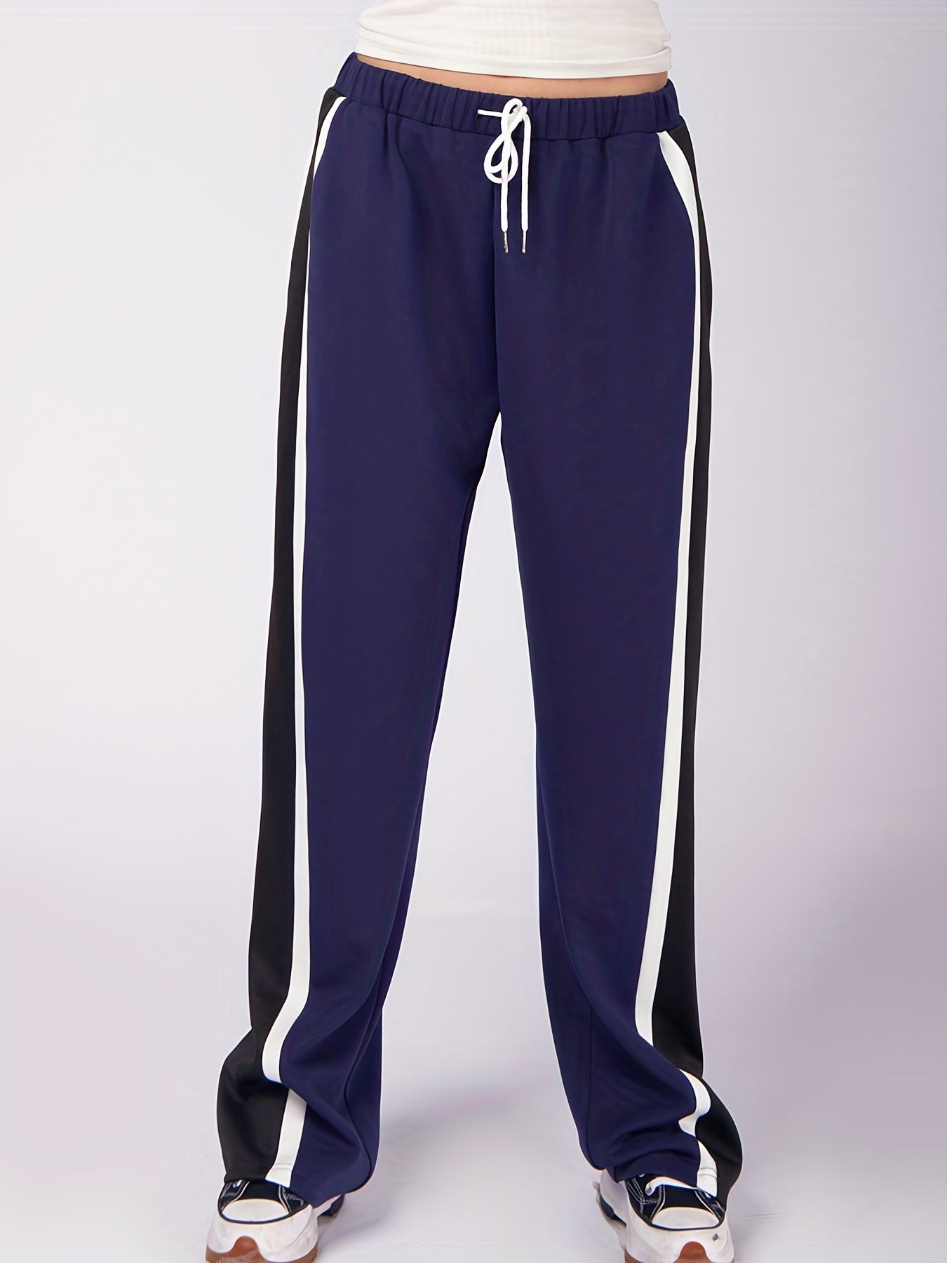  Stripe Print Elastic Drawstring High Rise Wide Leg Pants