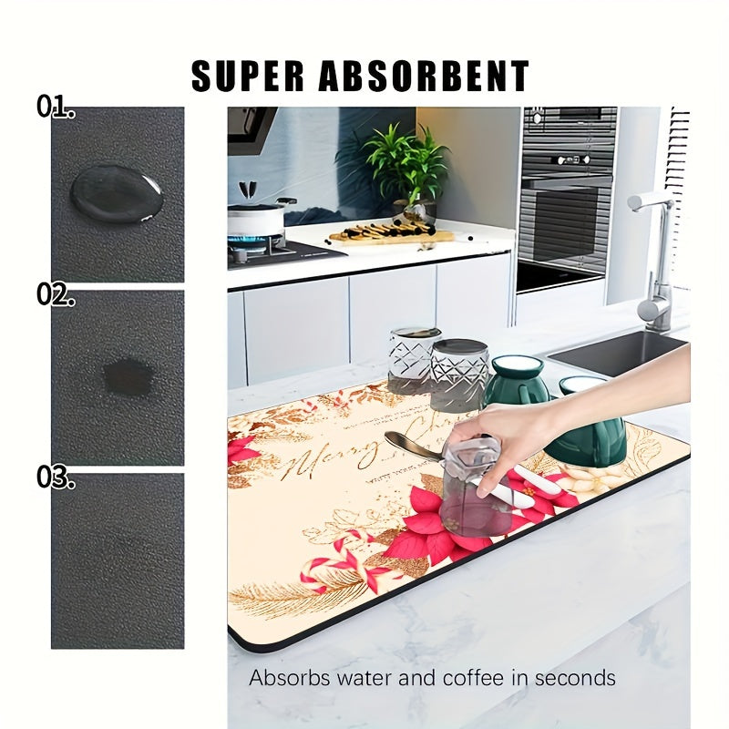 Christmas Printed Drying Mat Non-slip Absorbent Rubber Drainage Mat