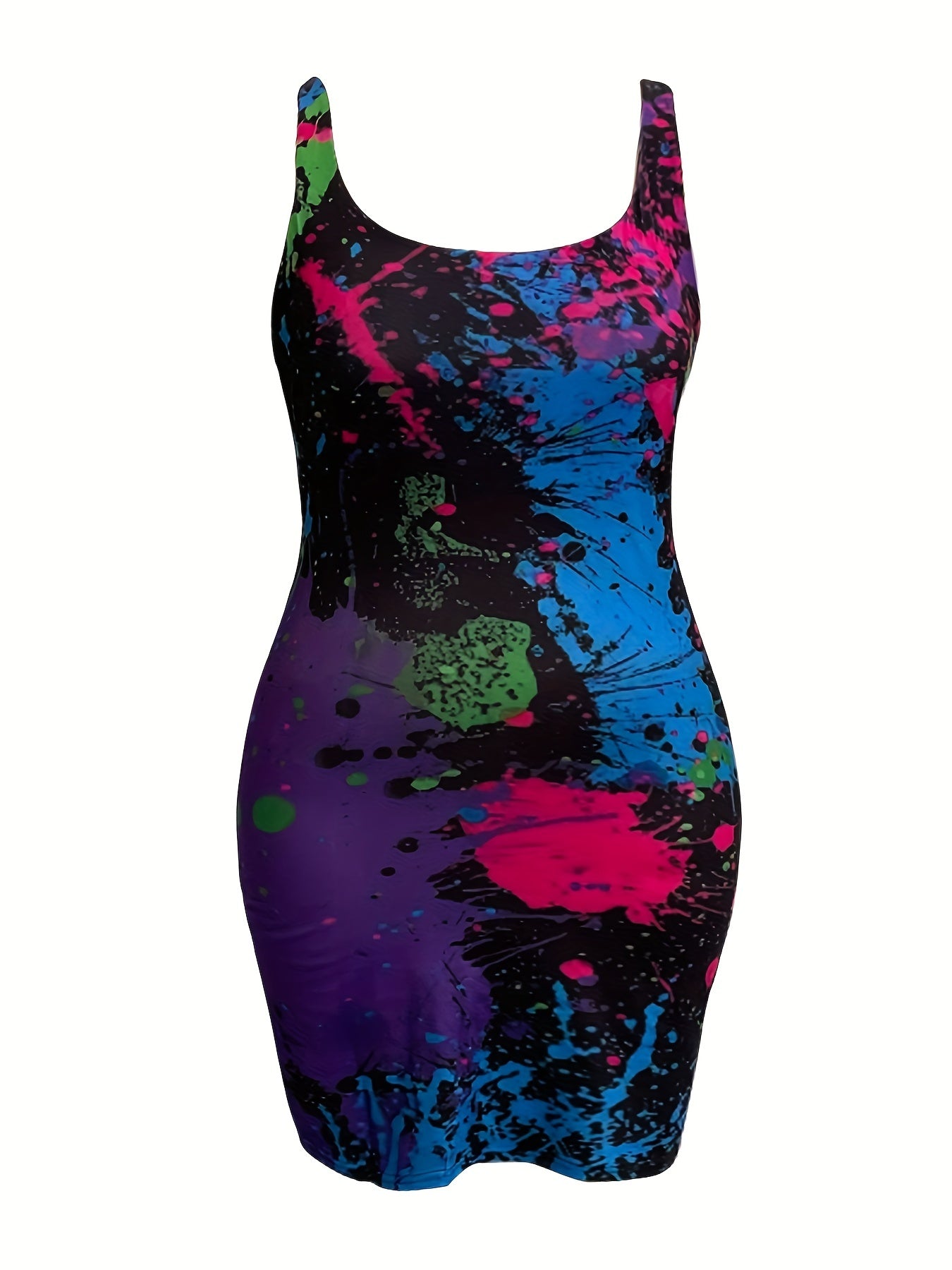  Splash Print Tank Dress Round Neck Slim Fit
