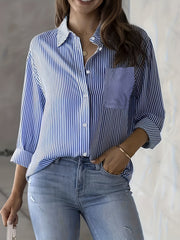  Stripe Print Long Sleeve Button Up Shirt Top