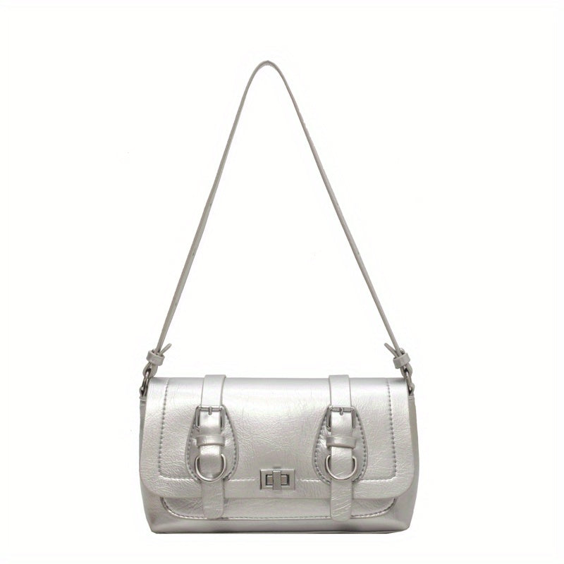 Retro Style Vegan Leather Shoulder Bag Buckle Decor Flap Baguette Bag