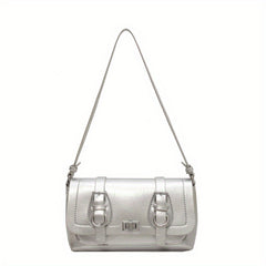 Retro Style Vegan Leather Shoulder Bag Buckle Decor Flap Baguette Bag