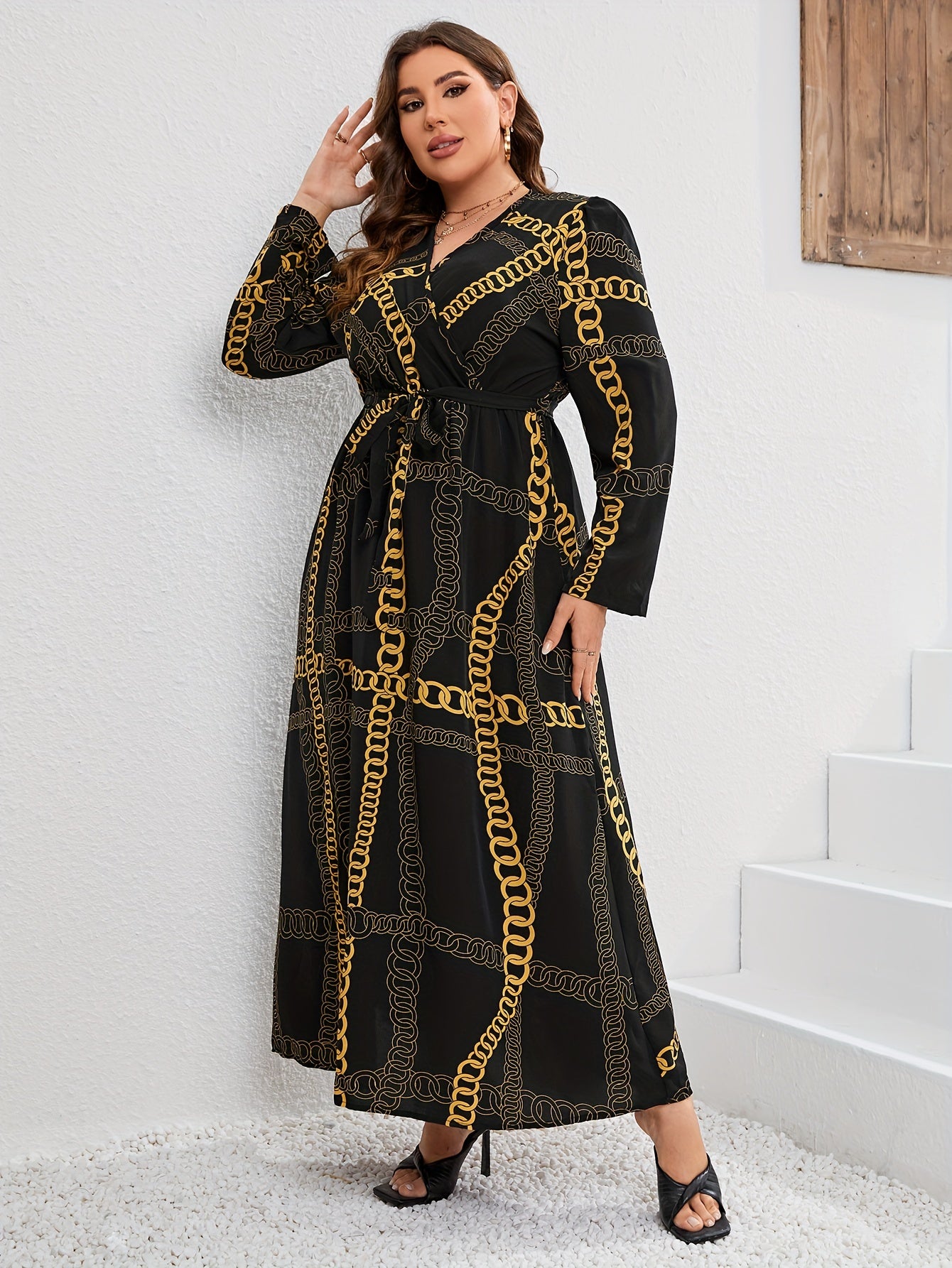  Chian Print Long Sleeve Surplice Neck Stretch Maxi Dress