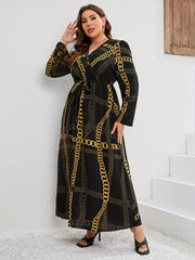  Chian Print Long Sleeve Surplice Neck Stretch Maxi Dress