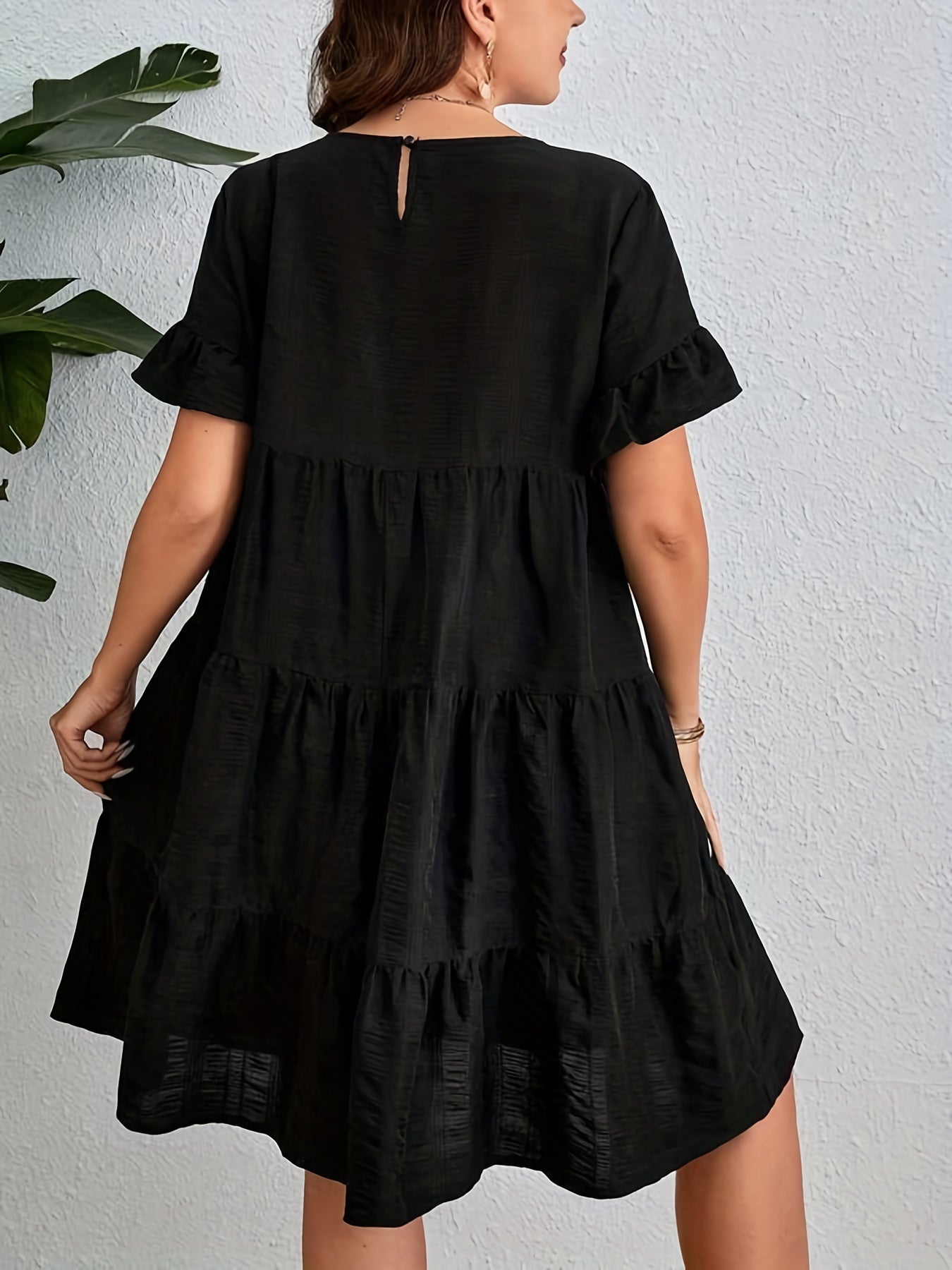  Solid Ruffle Trim Short Sleeve Round Neck Smock Dress