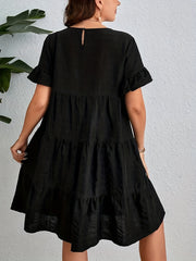  Solid Ruffle Trim Short Sleeve Round Neck Smock Dress