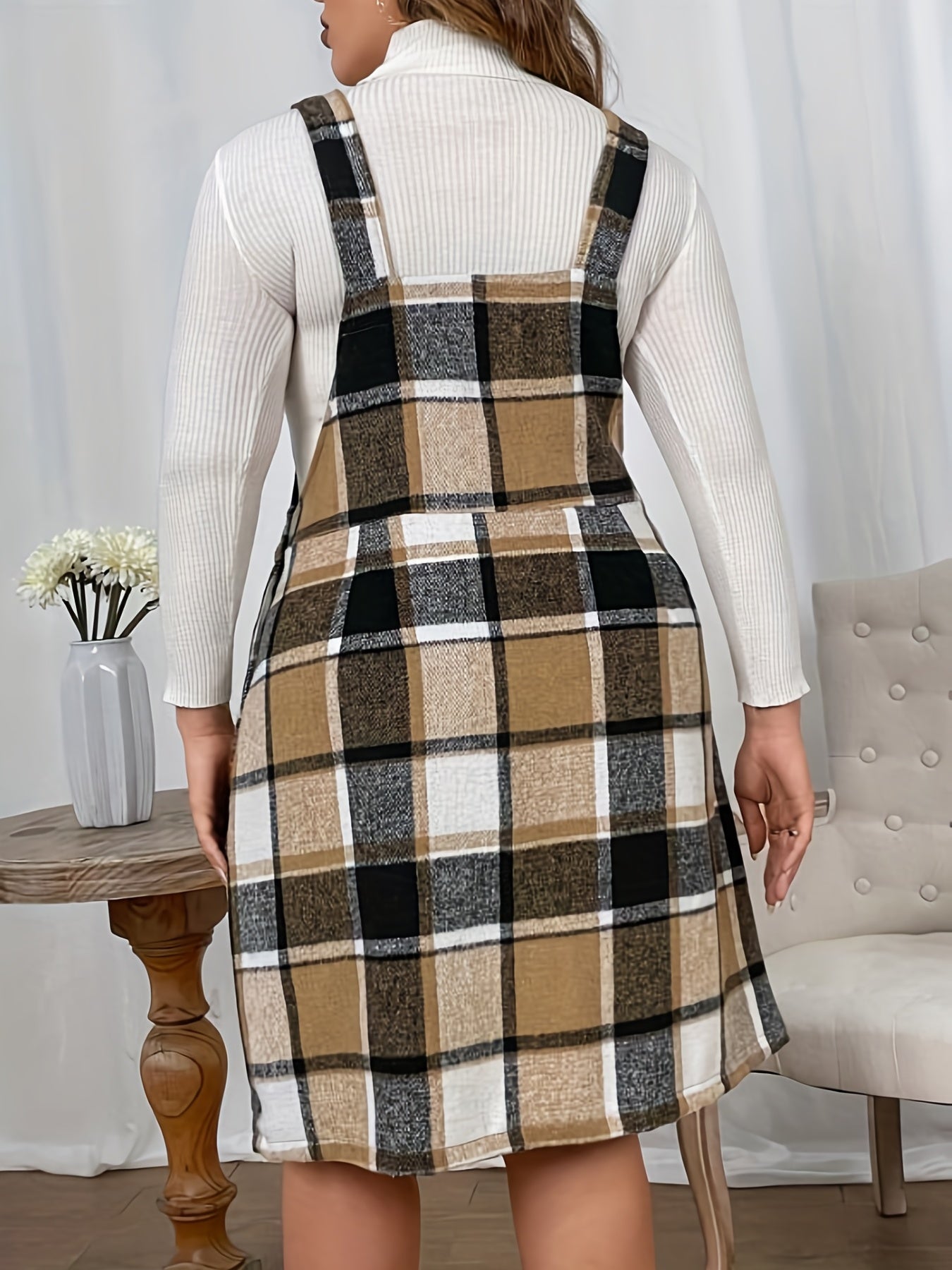 Plaid Print Square Neck Overall Dress