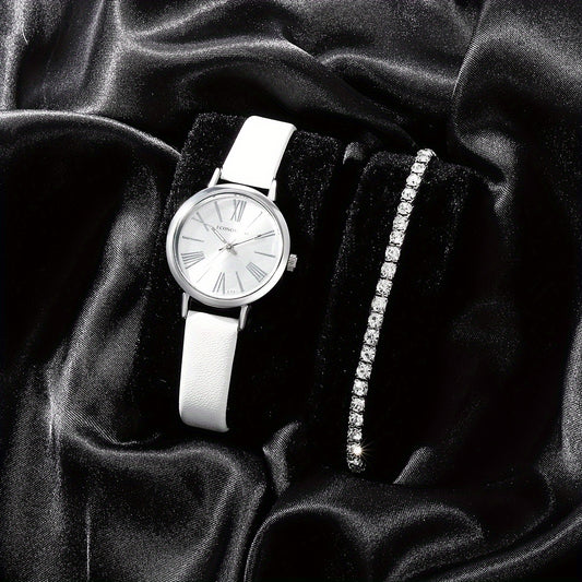 2pcs Student Number Roman Pointer Leather Quartz Watch Set