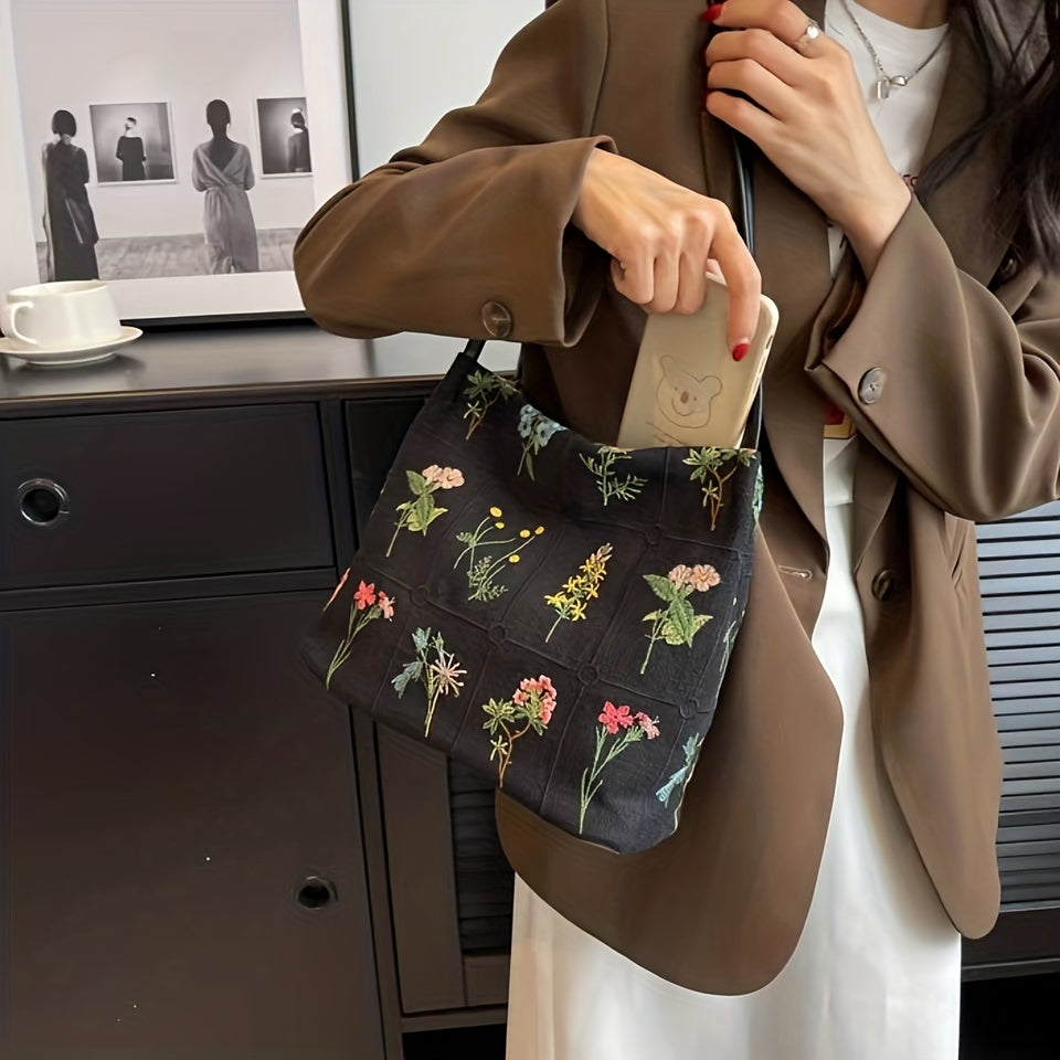 Floral Embroidery Shoulder Bag Canvas Bucket Bag Handbag