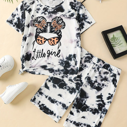 2pcs Toddler Girls Tie Dye Leopard Graphic T Shirts & Shorts Set