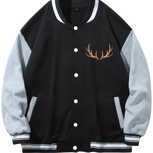 Men's Casual Block Baseball Jacket With Antlers Print