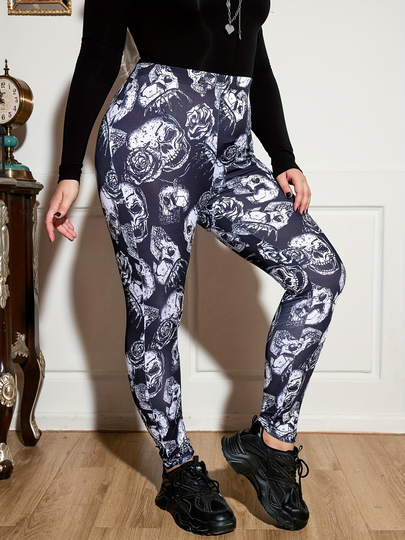  Skull & Floral Print High Rise Fitness Leggings