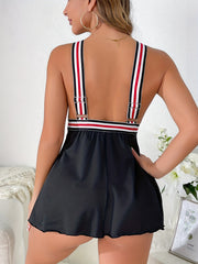 Striped Cut Out Nightdress V Neck Backless Sleep Dress Women's Sleepwear