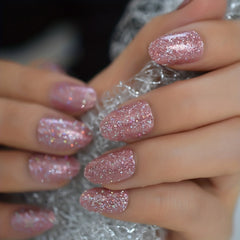 24pcs Pink Glitter Press On Nails Short Oval Full Cover Reusable False Nails