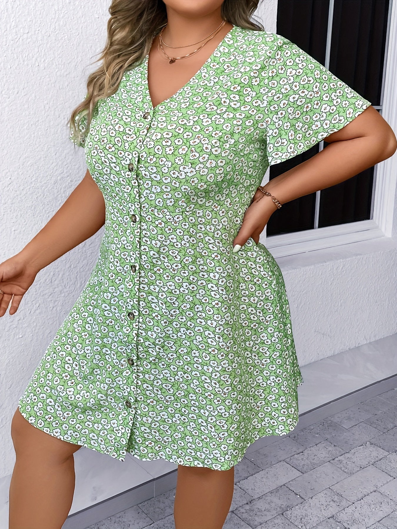  Boho Dress Women's Plus Ditsy Floral Print Short Sleeve V Neck Button