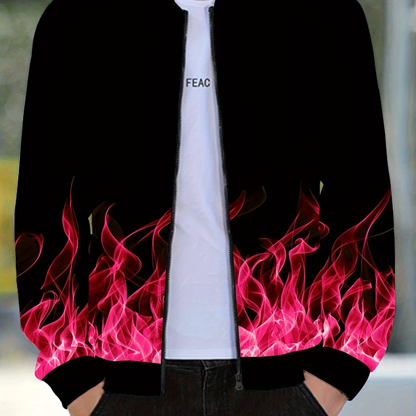 Men's Flame Pattern Zip Up Varsity Jacket