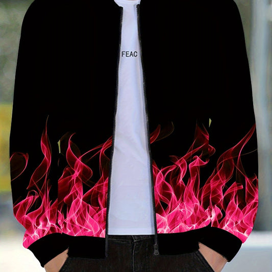 Men's Flame Pattern Zip Up Varsity Jacket