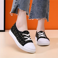 Women's Tweed Flat Sneakers Lace Up Casual Walking Shoes