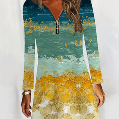 Women's Plus Painting Print Long Sleeve Round Neck Zip Dress