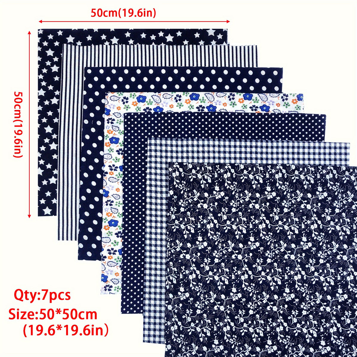 7pcs Navy Colourful Cotton Fabric Sewing Patchwork Assorted Fat Quarters Bundle