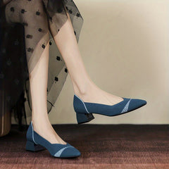 Women's Chunky Heeled Knit Pumps Pointed Toe Slip on High Heels