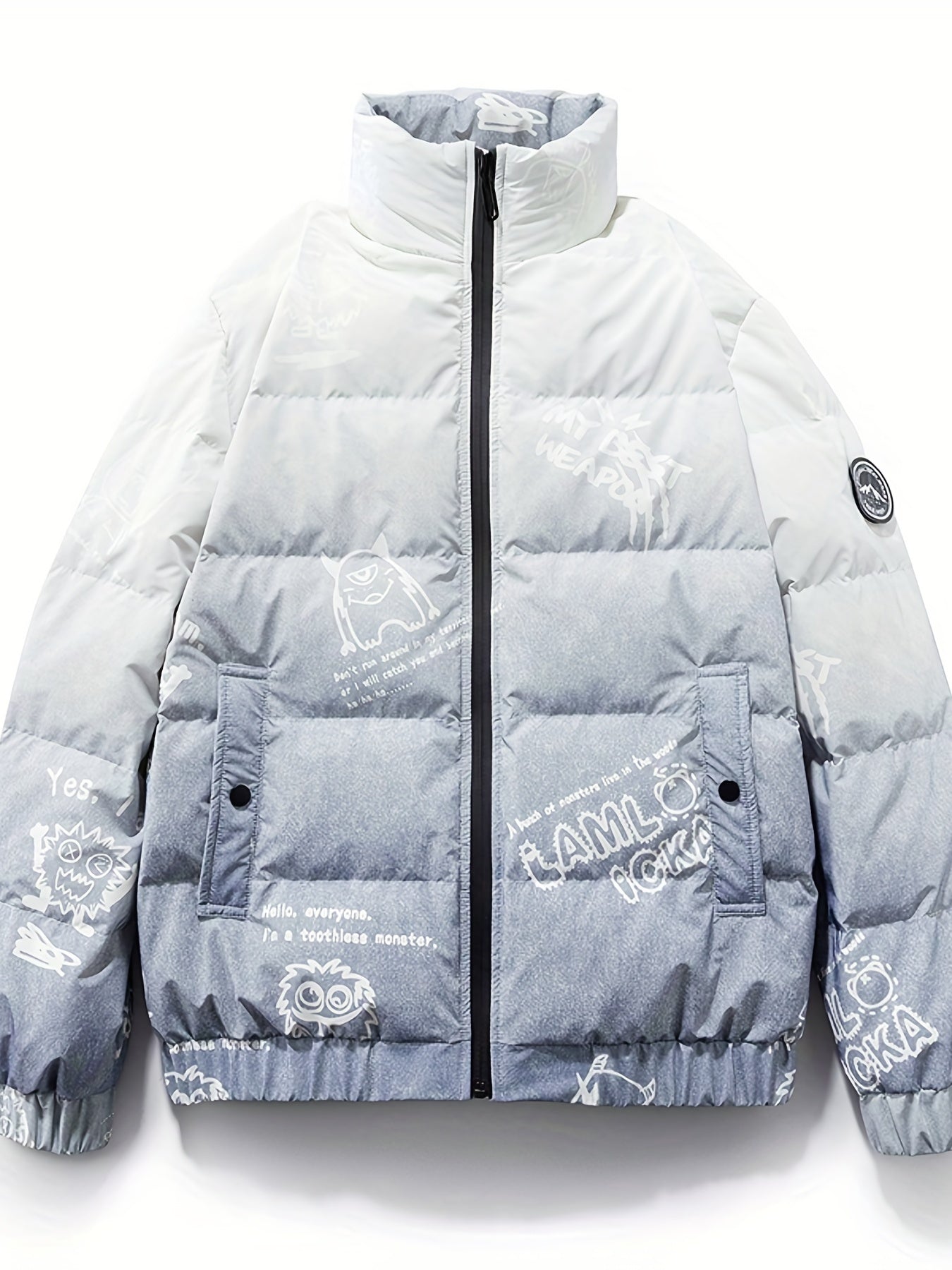 Graffiti Print Puffer Jacket Men's Stand Collar Down Coat