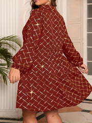  Women's Golden Argyle Print V Neck Smock Mini Dress