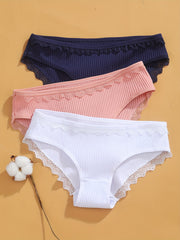 3pcs Lace Trim Ribbed Briefs Women's Comfy Intimates Panties