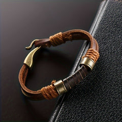 Vintage Style Brown Faux Leather Bracelet with Stone Weave