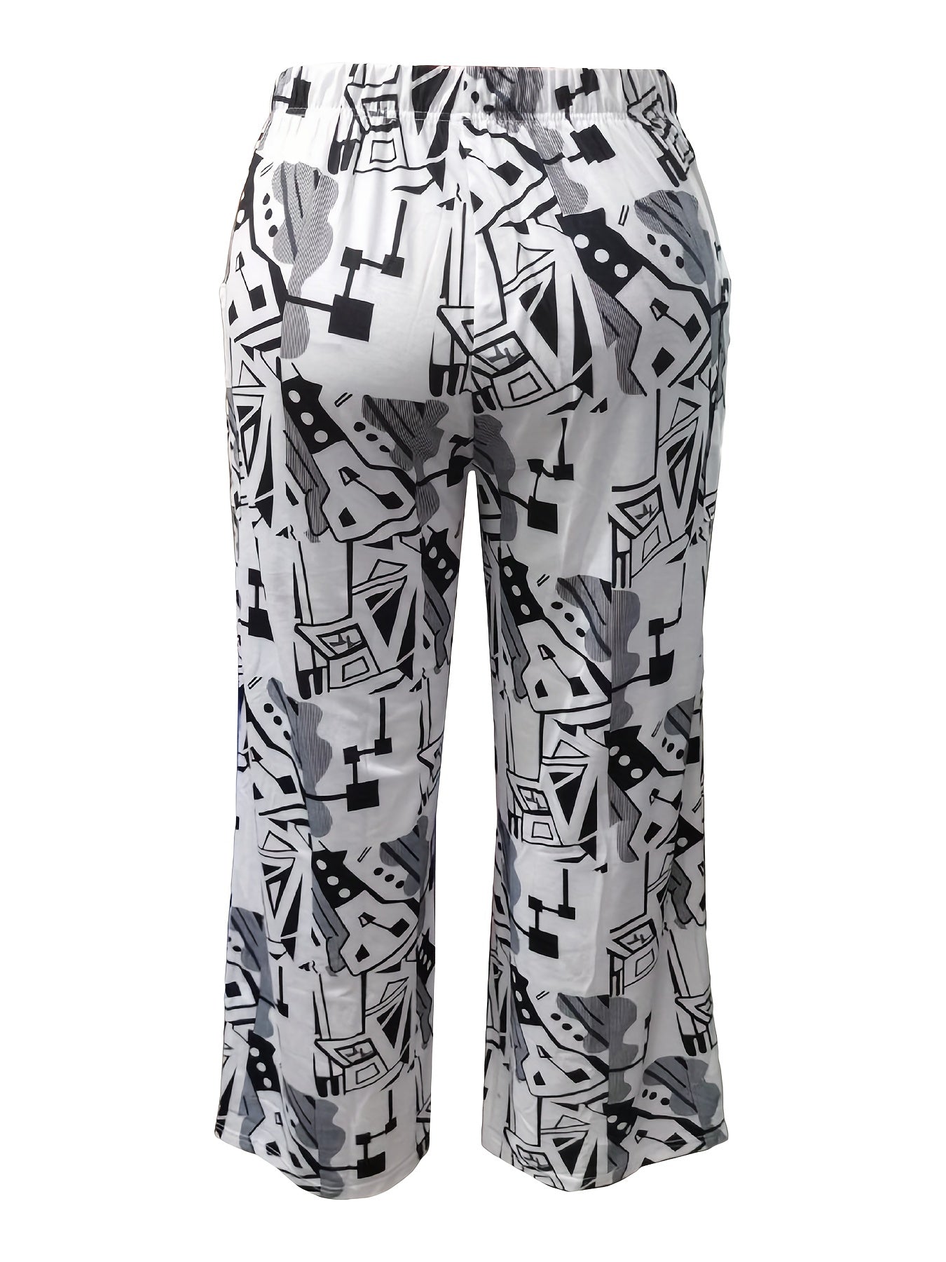  Random Print Wide Leg Trousers with Pockets