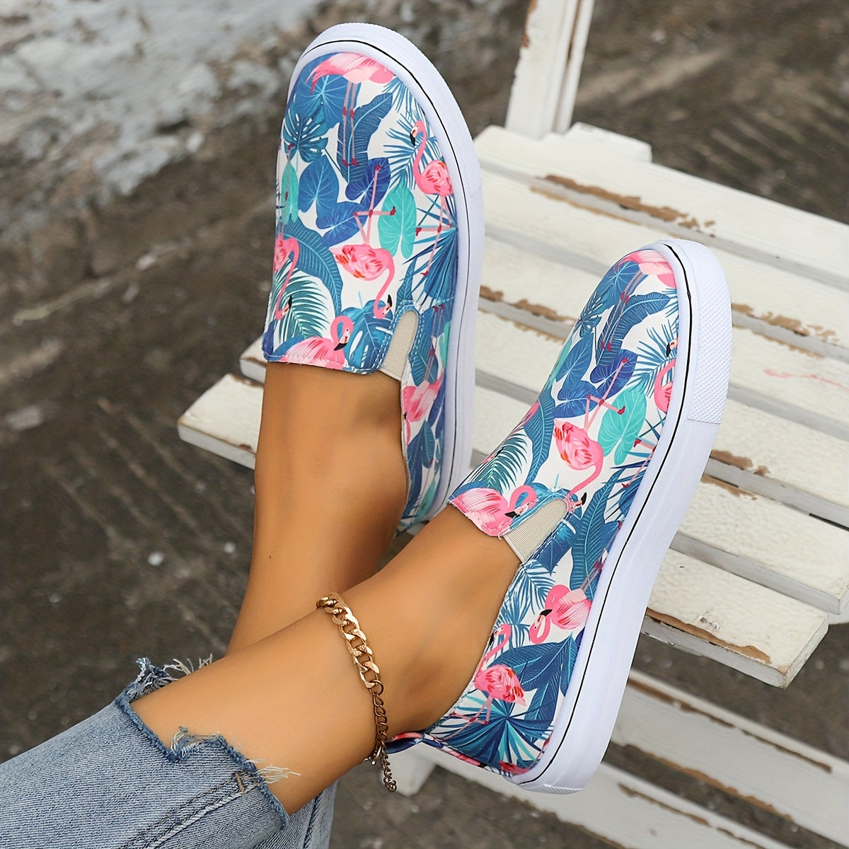 Tropical Flamingo Leaves Print Flat Wear Resistance Skate Shoes