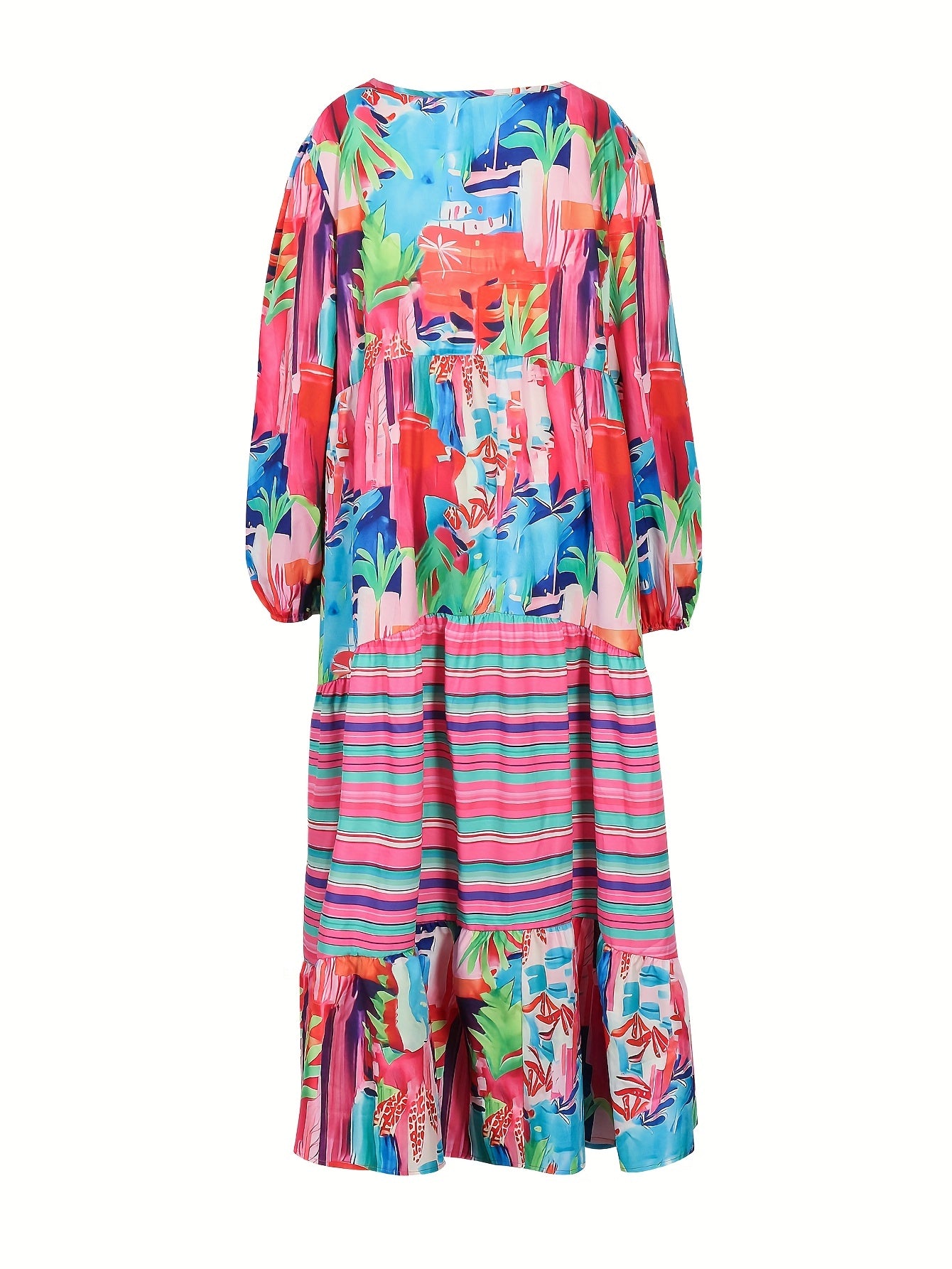  Allover Print Lantern Sleeve V Neck Maxi Dress