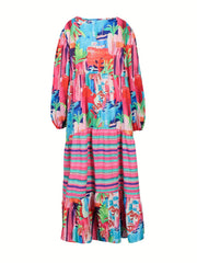  Allover Print Lantern Sleeve V Neck Maxi Dress