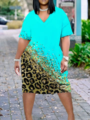  Casual Dress Women's Plus Colorblock Glitter Leopard Print