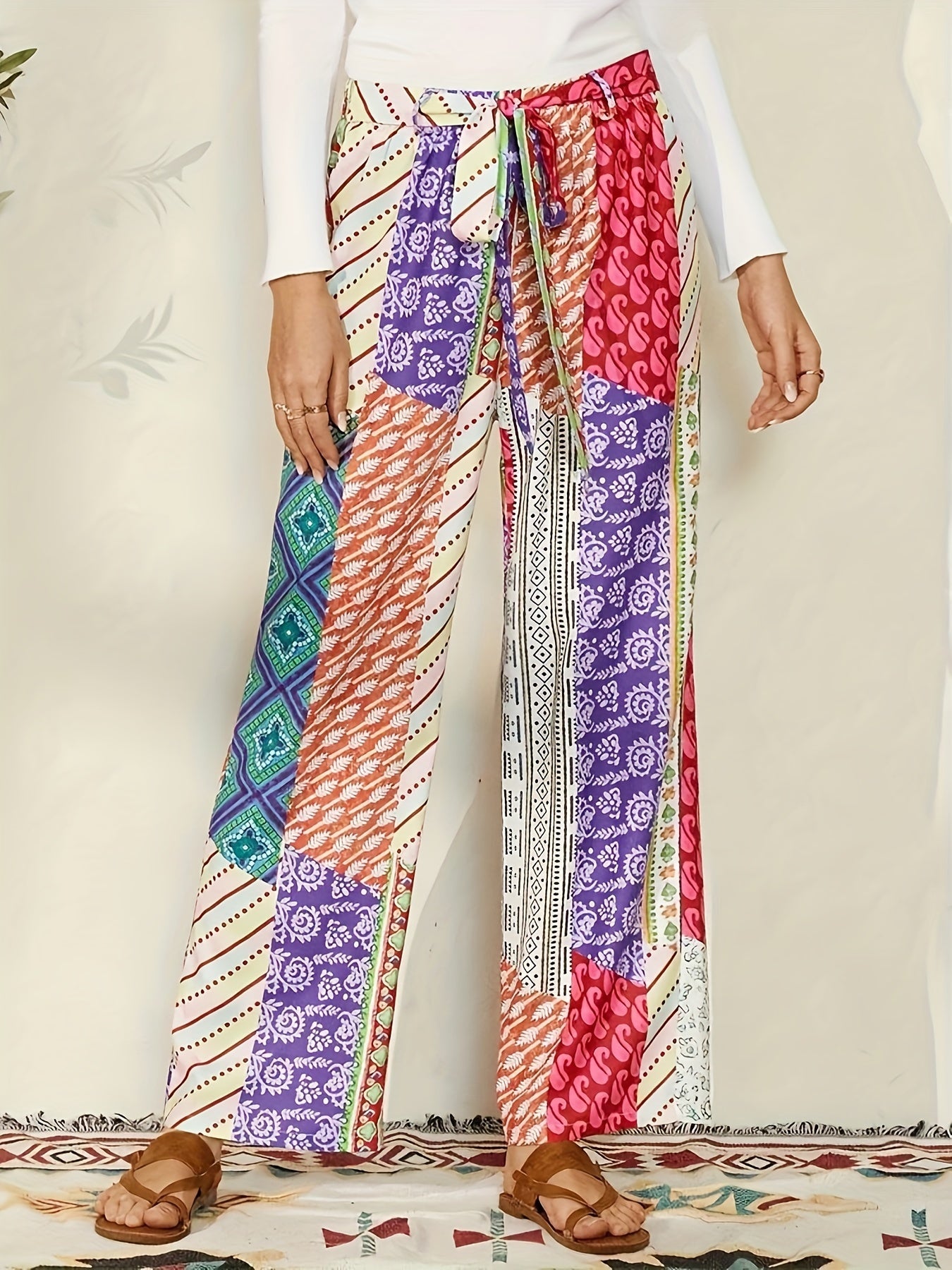  Patchwork Geo Print Loose Trousers With Belt