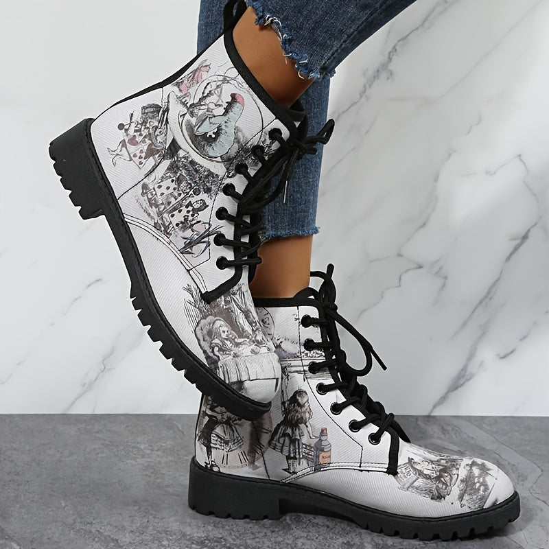 Gothic Style Print Ankle Boots Chunky Low Heel Lace Up Round Toe Combat Shoes