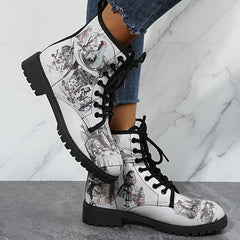 Gothic Style Print Ankle Boots Chunky Low Heel Lace Up Round Toe Combat Shoes