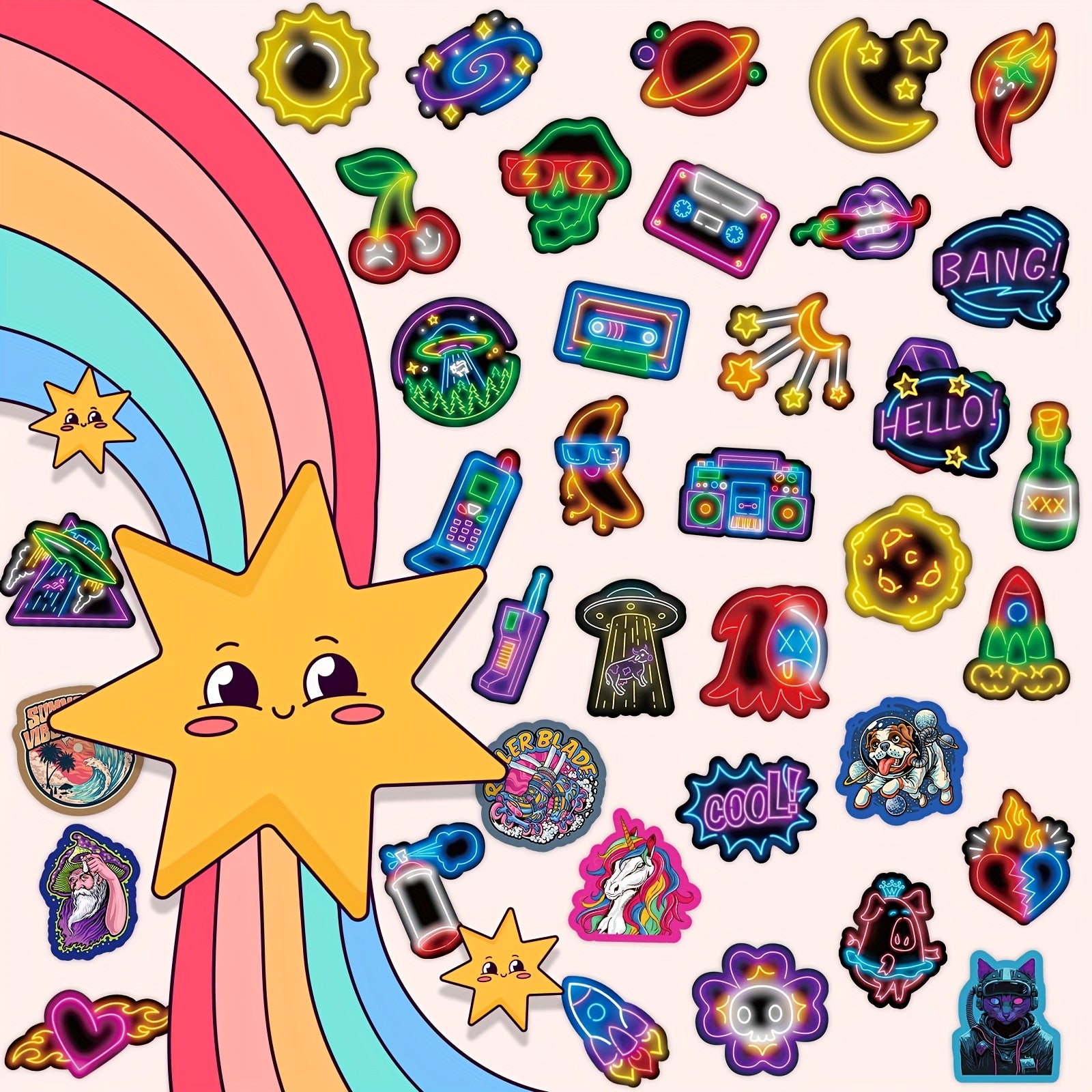 50 Neon Stickers Waterproof Vinyl Decals for Laptop Water Bottles