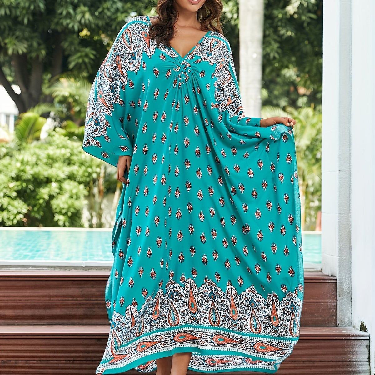 Boho Paisley Floral Batwing Sleeve Plus Size Dress