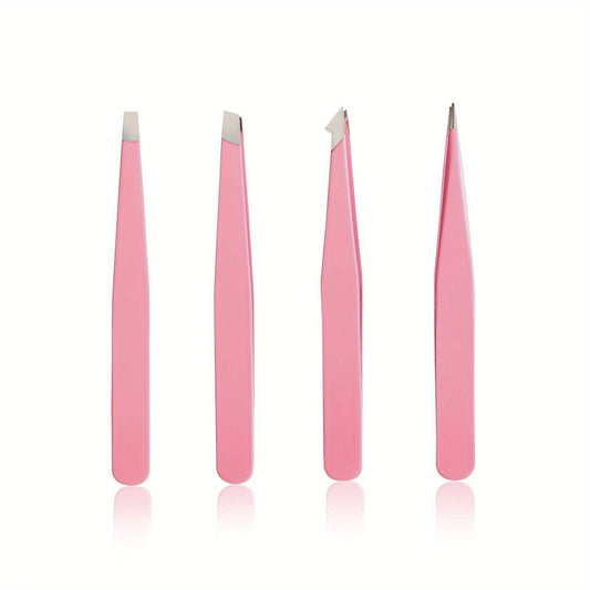 Eyebrow Tweezers 4 Pcs Stainless Steel Eye Brow Clips For Women Pink