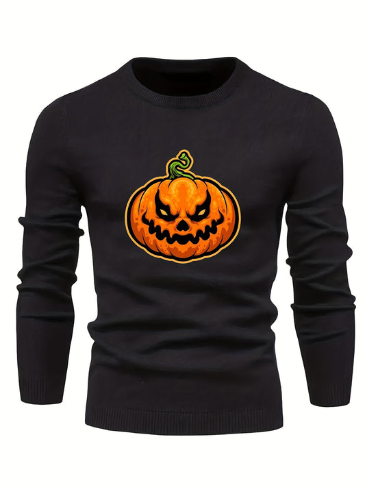 Cartoon Pumpkin Jack O Lantern Slim Warm Sweater Men's Casual Retro Style