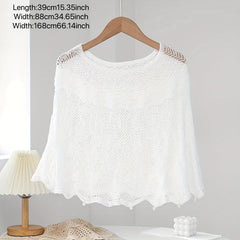 Faux Pearl Decor Shawl Solid Knitted Warm Wraps Wavy Cape for Women