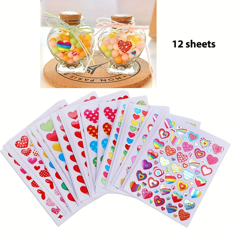12pcs Heart Stickers Colorful Love Decals for Scrapbooking & Crafts